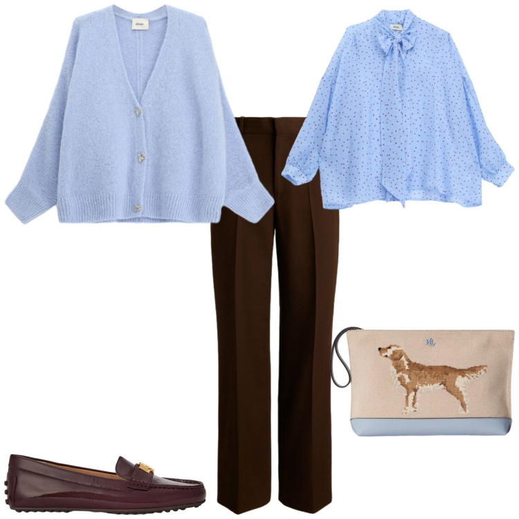 Outfit donna - Trendy ufficio tempo libero. Stile Trendy per Tutti i giorni. Abbinamento con cardigans, camicie, mocassini, pantaloni, pochette.