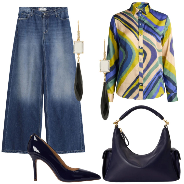 Outfit donna - Denim primaverile. Stile Trendy per Serata fuori. Abbinamento con camicie, jeans, orecchini, borse a spalla, décolleté.