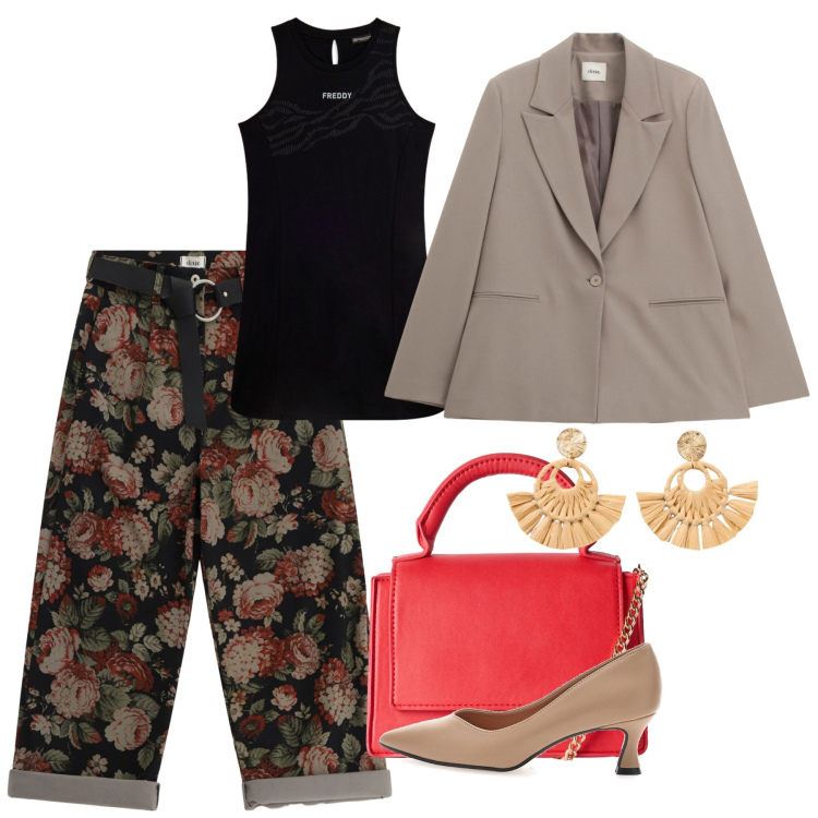 Outfit donna - Marzo. Stile Chic per Serata fuori. Abbinamento con orecchini, borse a tracolla, pantaloni a palazzo, blazer, vestiti corti, décolleté.