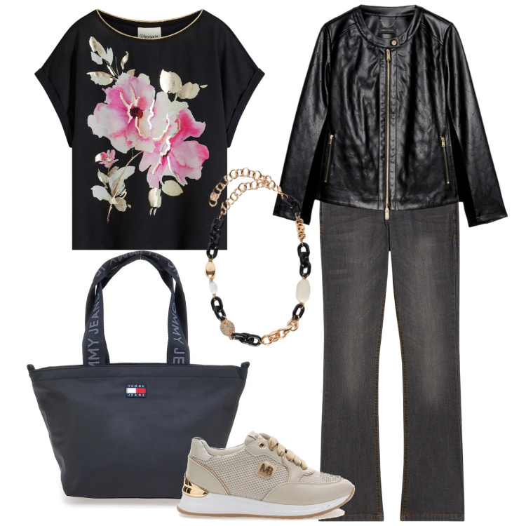 Outfit donna - Dipinto. Stile Casual per Tutti i giorni. Abbinamento con bluse, jeans bootcut, giacche, collane, borse tote, sneakers.