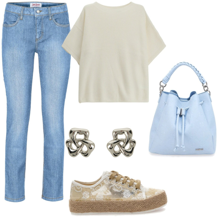 Outfit donna - Aria di primavera. Stile Casual per Scuola/Università. Abbinamento con jeans slim fit, maglieria, orecchini, sneakers, borse a secchiello.