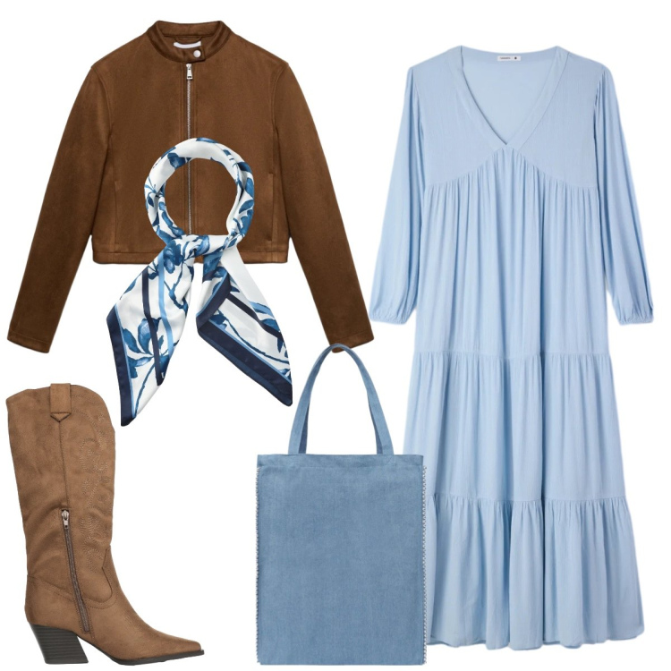 Outfit donna - Total look #2353664. Stile Boho per Tutti i giorni. Abbinamento con borse tote, foulard, stivali, giacche, vestiti lunghi.