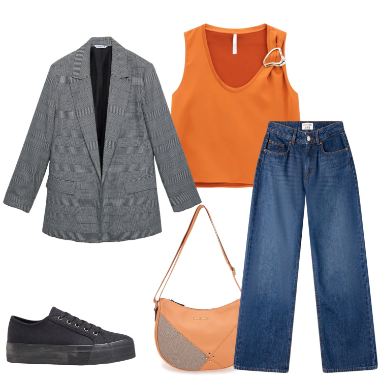 Outfit donna - Metropolitan Ochre & Grid. Stile Casual chic per Tutti i giorni. Abbinamento con sneakers, jeans, blazer, top, borse a tracolla.