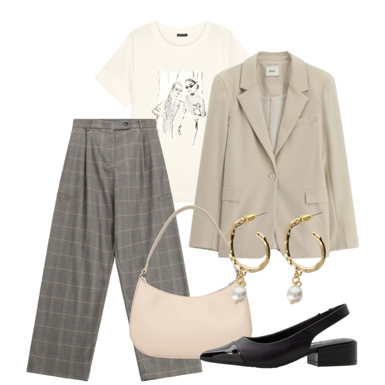 Outfit donna - Marzo. Stile Chic per Tutti i giorni. Abbinamento con décolleté, borse a tracolla, pantaloni a palazzo, t-shirt, blazer, orecchini.