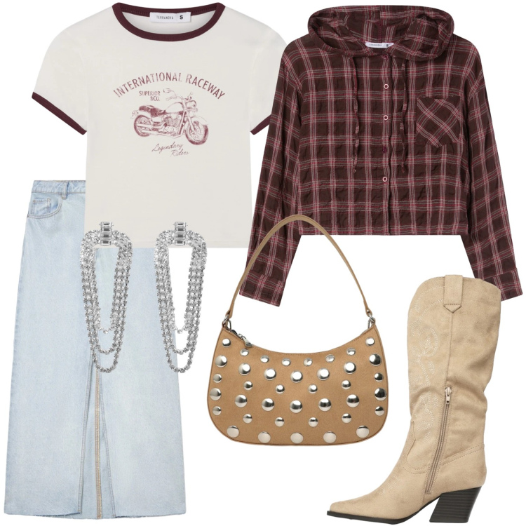 Outfit donna - Femminile nello spirito del Far West. Stile Trendy per Tutti i giorni. Abbinamento con t-shirt, orecchini, camicie, stivali, gonne lunghe, borse a tracolla.