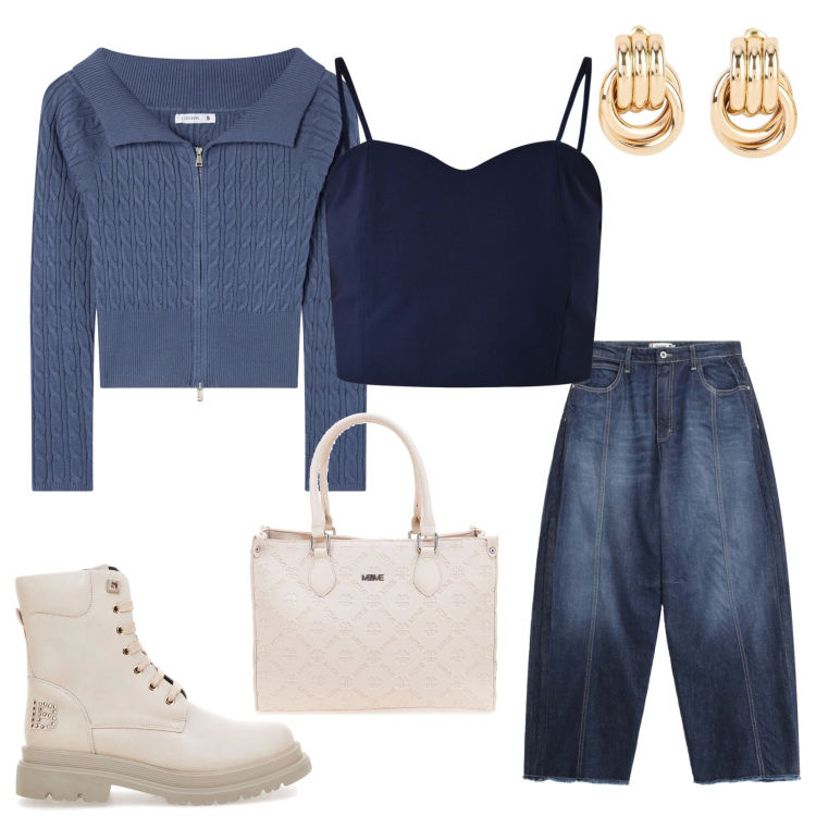 Outfit donna - Deep Blue Texture Mix. Stile Casual chic per Tutti i giorni. Abbinamento con orecchini, cardigans, jeans, canottiere, anfibi, borse a tracolla.