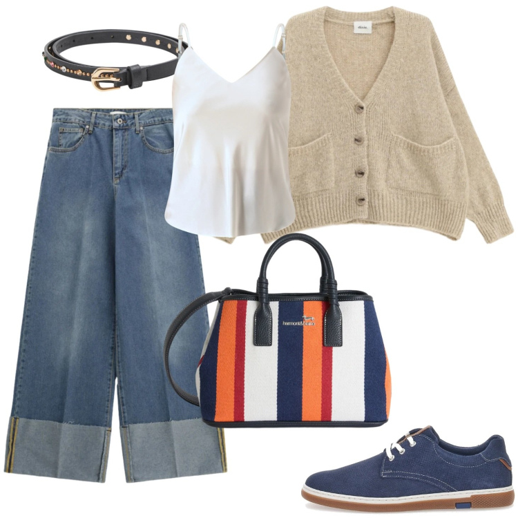 Outfit donna - Jeans palazzo con cardigan beige. Stile Casual per Tutti i giorni. Abbinamento con cinture, shopping bag, jeans, cardigans, top, scarpe stringate.