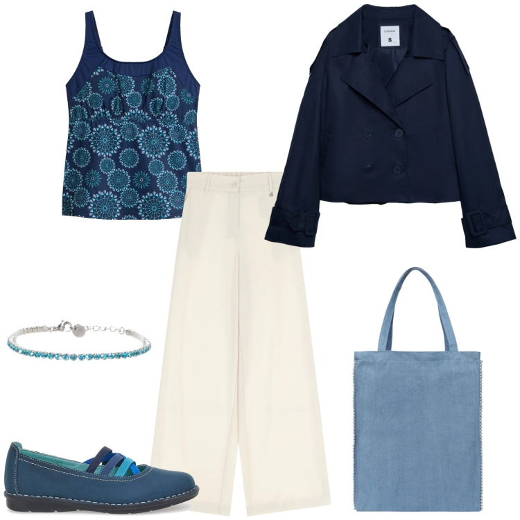 Outfit donna - Total look. Stile Casual per Tutti i giorni. Abbinamento con top, borse tote, caban, pantaloni a palazzo, braccialetti, ballerine.