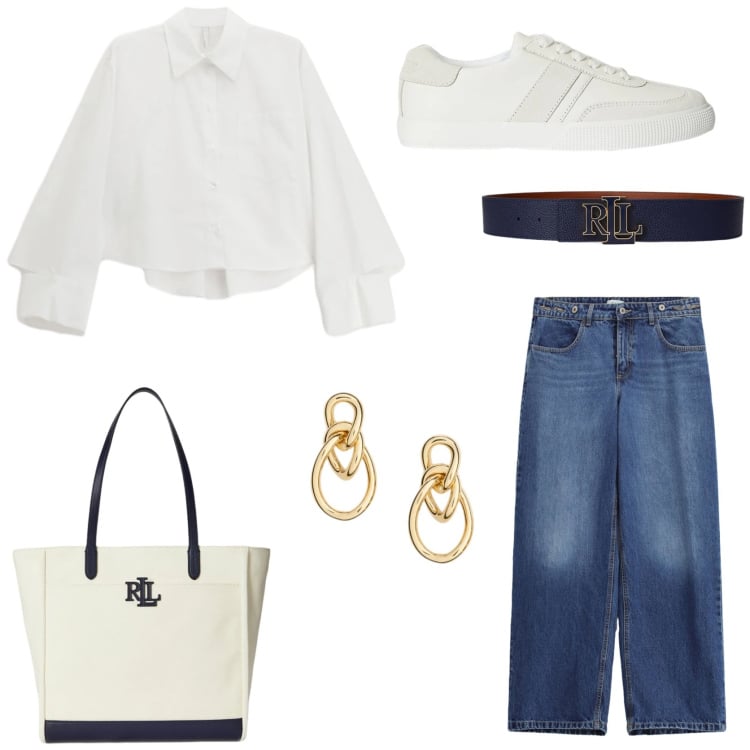 Outfit donna - Minimal chic. Stile Chic per Tutti i giorni. Abbinamento con camicie, cinture, orecchini, sneakers, borse tote, jeans.