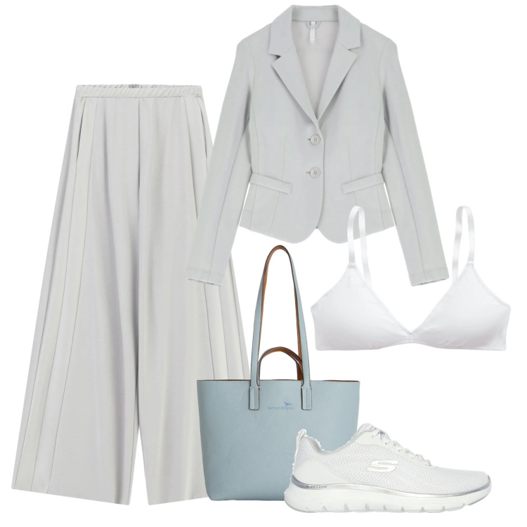 Outfit donna - Grigio perla. Stile Casual chic per Tutti i giorni. Abbinamento con shopping bag, pantaloni a palazzo, blazer, reggiseni, sneakers.