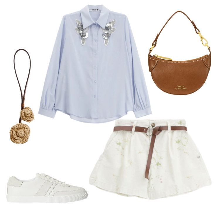 Outfit donna - Spring Blossom & Sequins. Stile Casual chic per Tutti i giorni. Abbinamento con camicie, shorts, borse a tracolla, sneakers, ciondoli.