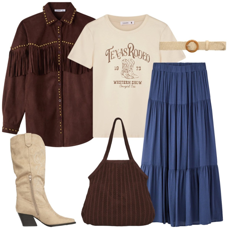 Outfit donna - Total look #2353680. Stile Boho per Tutti i giorni. Abbinamento con t-shirt, shopping bag, stivali, gonne lunghe, cinture, camicie.