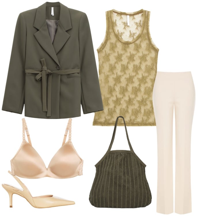 Outfit donna - Natural Lace & Tailoring. Stile Casual chic per Tutti i giorni. Abbinamento con reggiseni, shopping bag, canottiere, blazer, décolleté, pantaloni a palazzo.