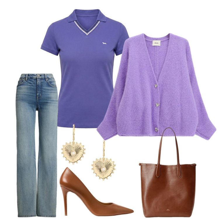 Outfit donna - Athleisure-Chic & Mohair. Stile Glamour per Tutti i giorni. Abbinamento con polo, cardigans, borse tote, jeans, orecchini, décolleté.