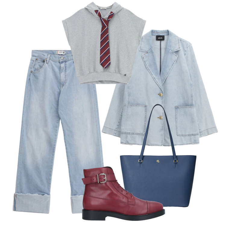 Outfit donna - La felpa con la cravatta. Stile Urban per Tutti i giorni. Abbinamento con stivaletti, felpe con cappuccio, blazer, jeans dritti, borse tote.