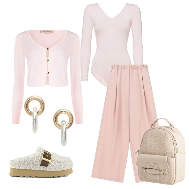 Outfit donna - Soft Balletcore & Urban Comfort. Stile Glamour per Tutti i giorni. Abbinamento con zaini, pantaloni a palazzo, body, cardigans, orecchini, sabot.