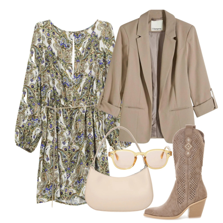 Outfit donna - Tendenza boho. Stile Boho per Tutti i giorni. Abbinamento con blazer, borse a tracolla, occhiali da sole, vestiti corti, stivaletti texani.