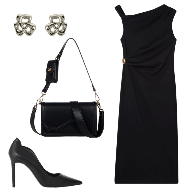 Outfit donna - Linee asimmetriche ricche di fascino. Stile Chic per Serata fuori. Abbinamento con vestiti asimmetrici, décolleté, orecchini, pochette.