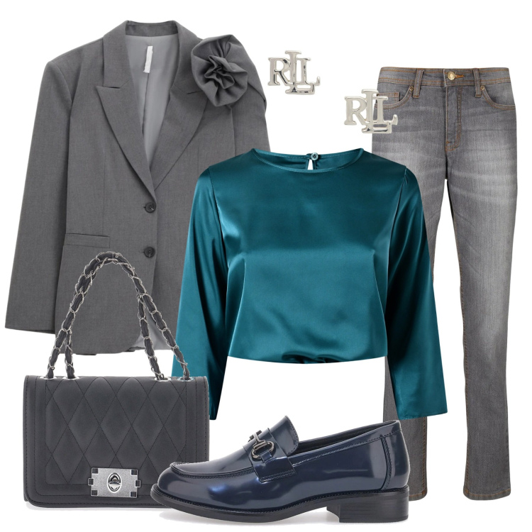 Outfit donna - Comoda con classe. Stile Casual chic per Tutti i giorni. Abbinamento con jeans mom, blazer, bluse, orecchini, mocassini, borse a tracolla.