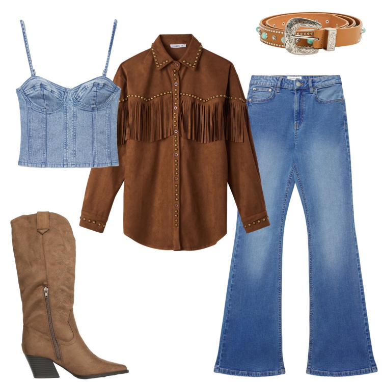 Outfit donna - Fringes & Soul: Urban Frontier. Stile Trendy per Serata fuori. Abbinamento con cinture, stivali, jeans a zampa, top, camicie.