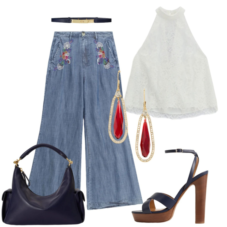 Outfit donna - Jeans con ricamo e camicia senza maniche. Stile Casual chic per Tutti i giorni. Abbinamento con top, pantaloni a palazzo, orecchini, borse a spalla, sandali col tacco, cinture.