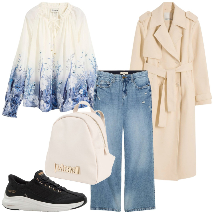 Outfit donna - Total look #2353701. Stile Minimal per Ufficio. Abbinamento con zaini, bluse, jeans, trench, sneakers.