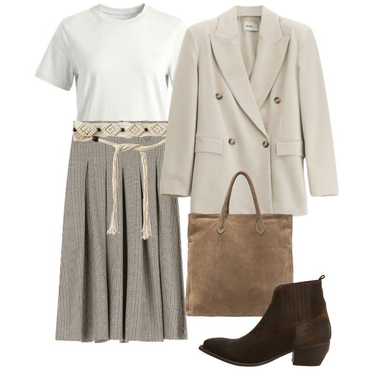 Outfit donna - Tocchi western. Stile Bon Ton per Tutti i giorni. Abbinamento con t-shirt, cinture, blazer, stivaletti, gonne lunghe, borse a mano.