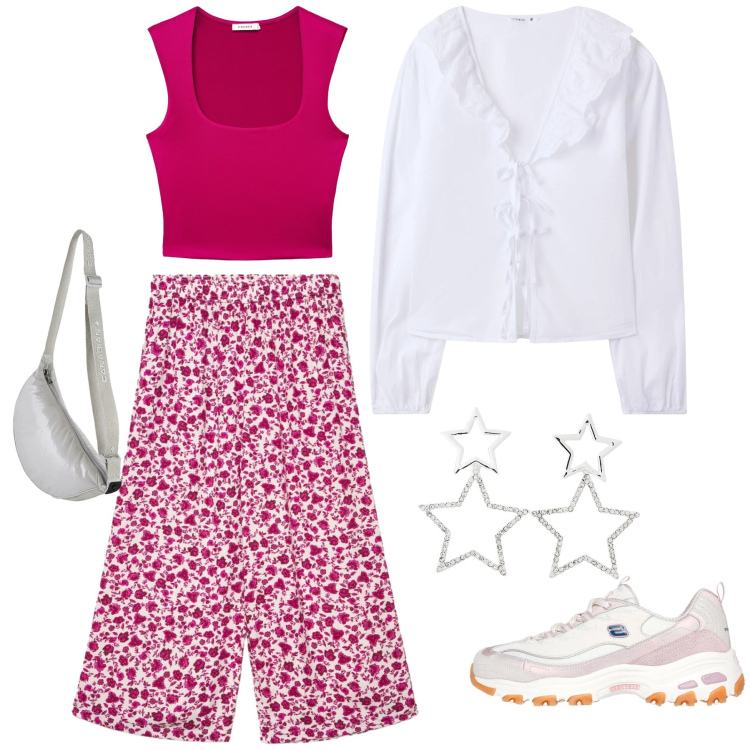 Outfit donna - Romantic-Sporty Bloom. Stile Glamour per Tutti i giorni. Abbinamento con camicie, orecchini, top, pantaloni a palazzo, borse a tracolla, sneakers.
