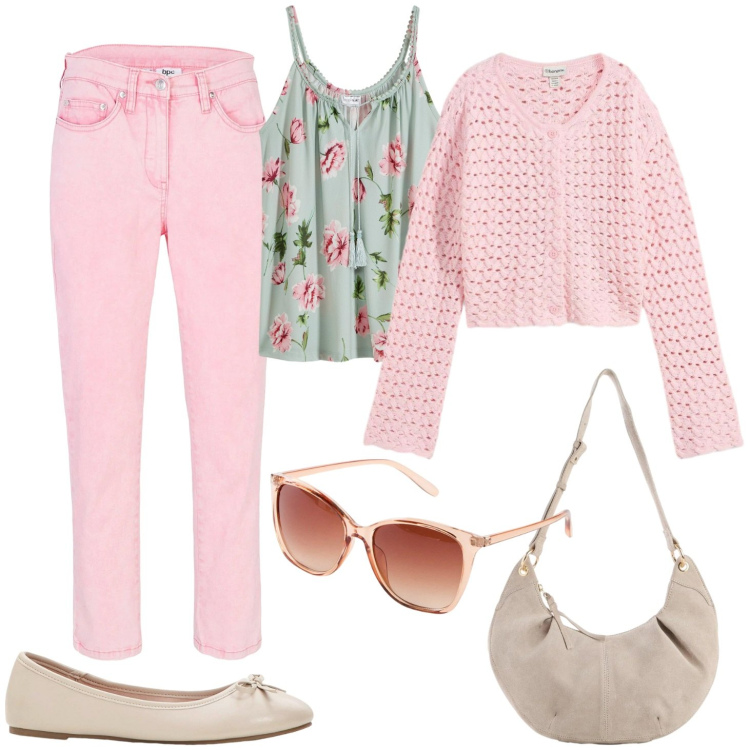 Outfit donna - Romantica. Stile Romantica per Tutti i giorni. Abbinamento con top, pantaloni, cardigans, ballerine, borse a tracolla, occhiali da sole.