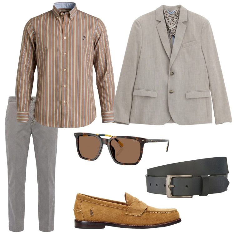 Outfit uomo - Total look. Stile Business/Elegante per Tutti i giorni. Abbinamento con camicie, pantaloni chino, cinture, giacche, occhiali da sole, scarpe stringate.