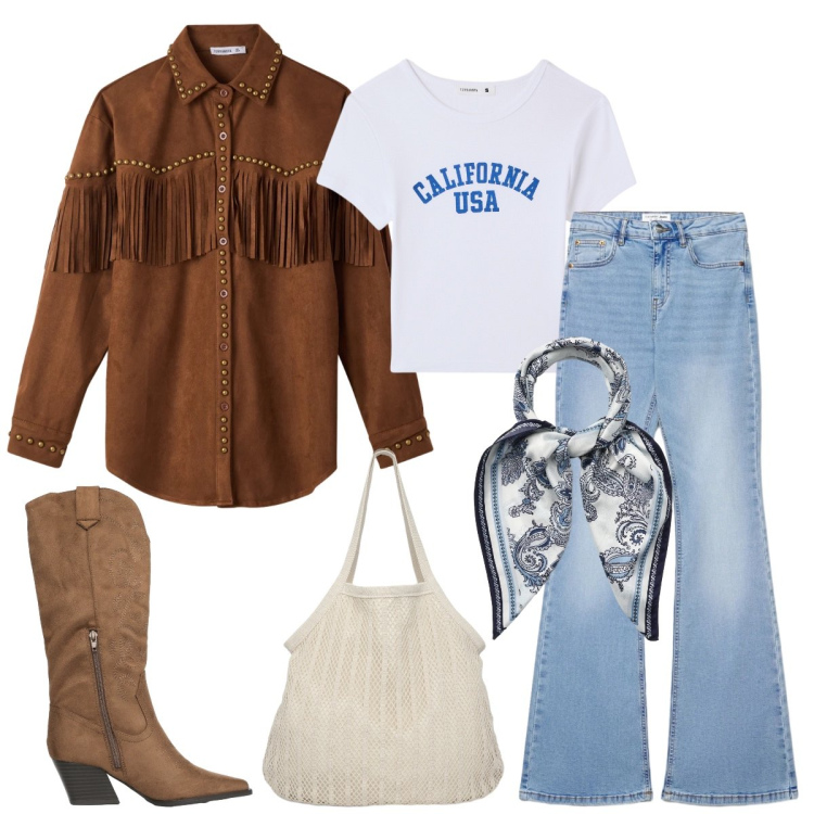 Outfit donna - Total look #2353718. Stile Casual per Tutti i giorni. Abbinamento con foulard, stivali, jeans a zampa, shopping bag, camicie, t-shirt.