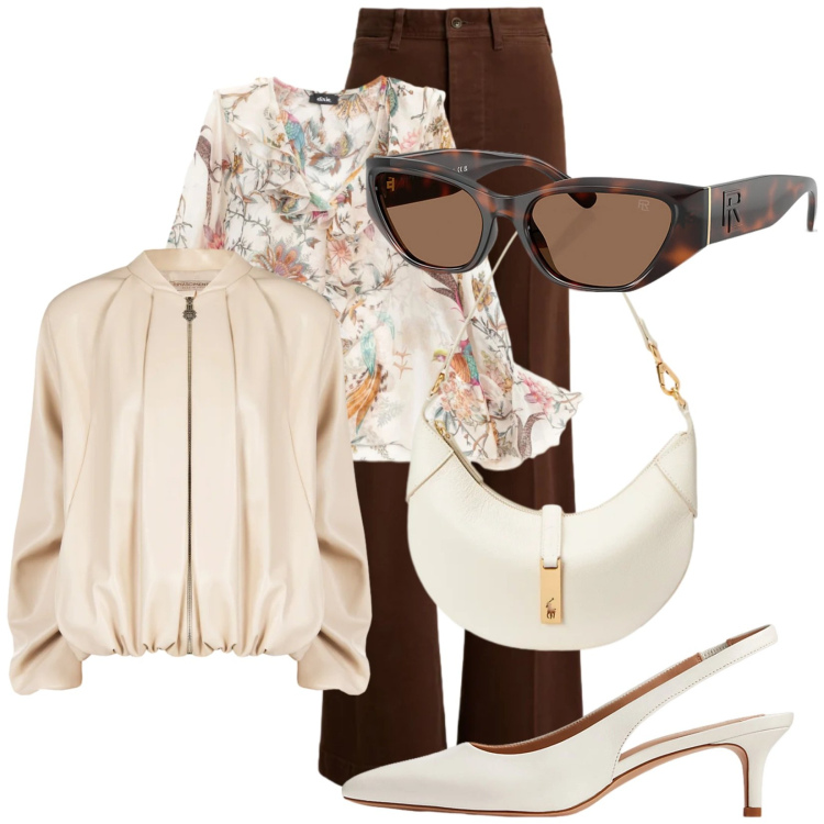 Outfit donna - Prima Very. Stile Chic per Ufficio. Abbinamento con bluse, bomber, décolleté, occhiali da sole, pantaloni, borse a spalla.