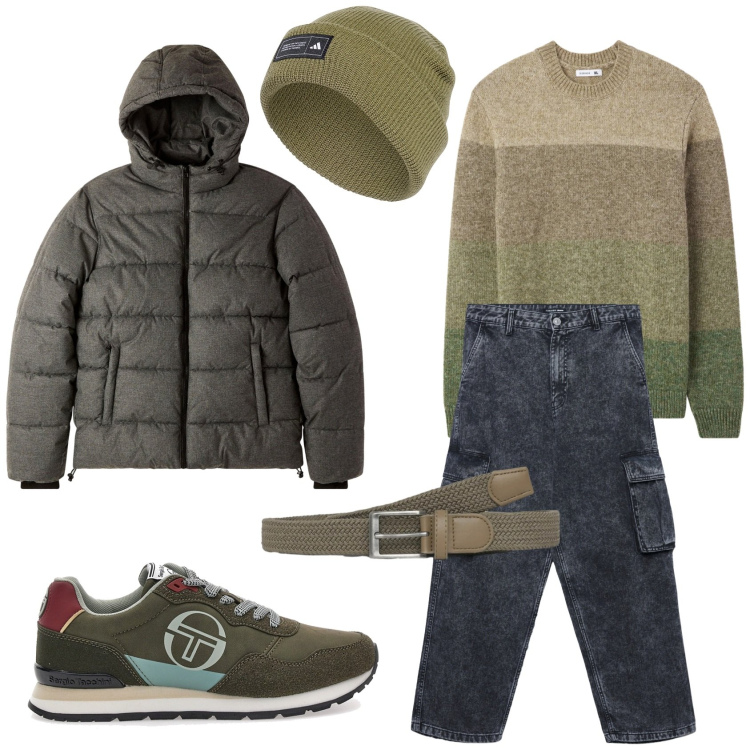 Outfit uomo - Verde in marzo. Stile Casual per Tutti i giorni. Abbinamento con cinture, bomber, jeans, maglieria, berretti, sneakers.