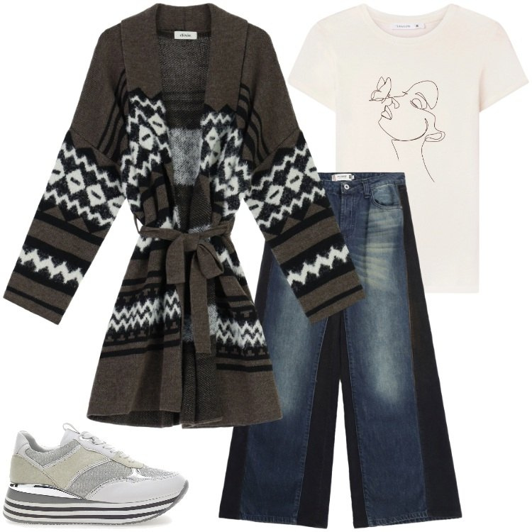 Outfit donna - Total look #2353723. Stile Boho per Tutti i giorni. Abbinamento con cappotti, jeans a zampa, sneakers, t-shirt.