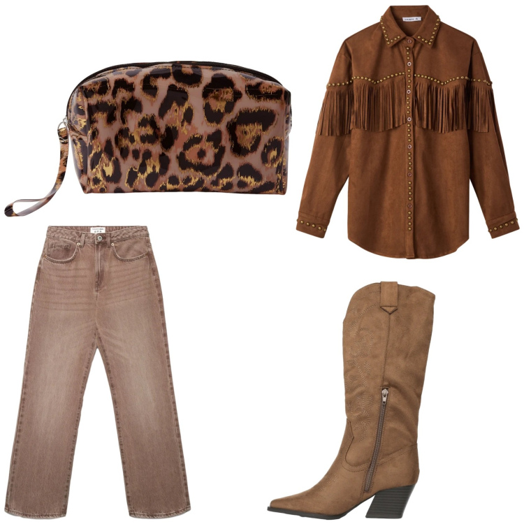 Outfit donna - Primavera texana. Stile Etnico per Tutti i giorni. Abbinamento con camicie, jeans dritti, stivali, pochette.