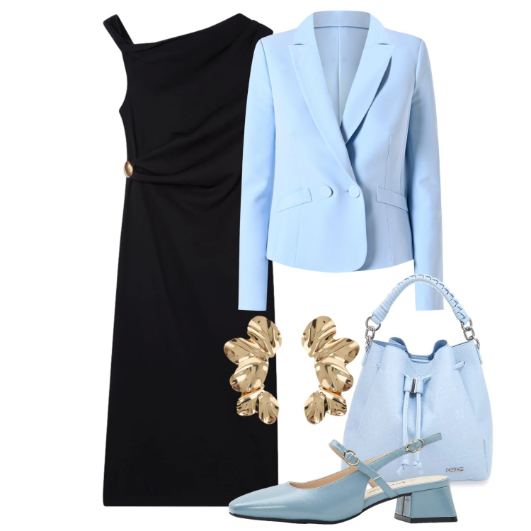 Outfit donna - Cerimonia in nero e cielo. Stile Chic per Cerimonia. Abbinamento con décolleté, vestiti asimmetrici, orecchini, blazer, borse a secchiello.