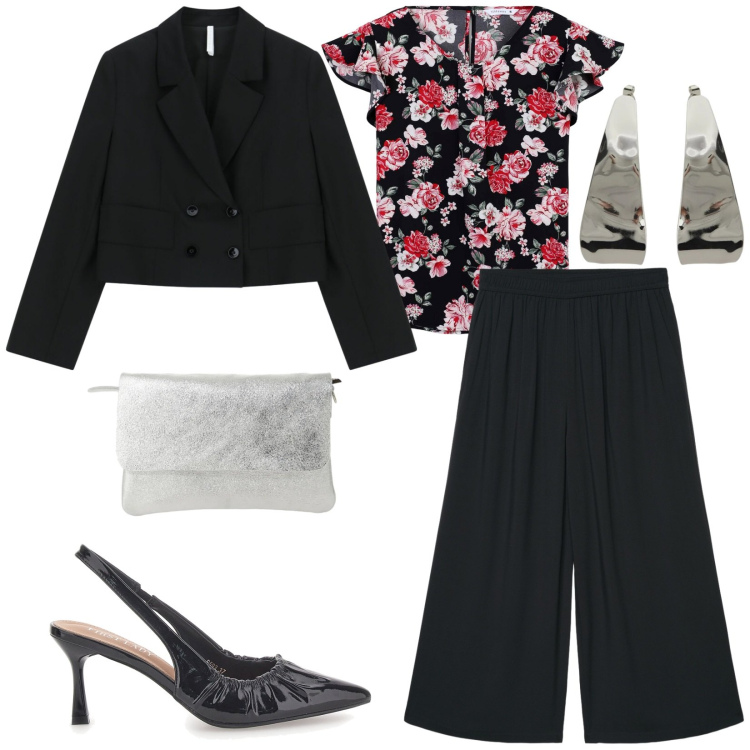 Outfit donna - Total look #2353727. Stile Chic per Serata fuori. Abbinamento con bluse, pantaloni a palazzo, blazer, borse a spalla, orecchini, décolleté.