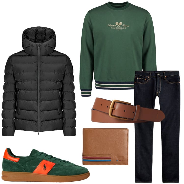 Outfit uomo - Verde per l\'inizio della primavera. Stile Trendy per Tutti i giorni. Abbinamento con felpe, portafogli, bomber, cinture, jeans, sneakers.