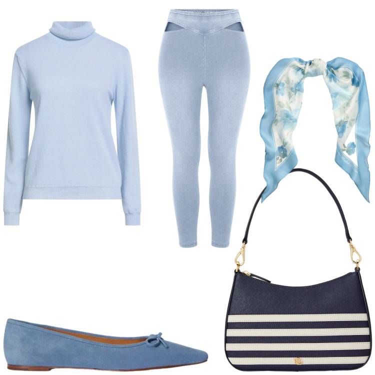 Outfit donna - La nuova stagione in blu. Stile Casual chic per Tutti i giorni. Abbinamento con maglieria, jeggings, borse a spalla, ballerine, foulard.