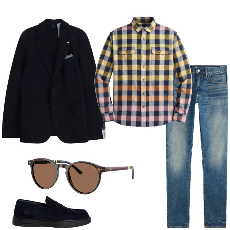 Outfit uomo - Total look #2353731. Stile Trendy per Serata speciale. Abbinamento con scarpe stringate, camicie, giacche, occhiali da sole, jeans.