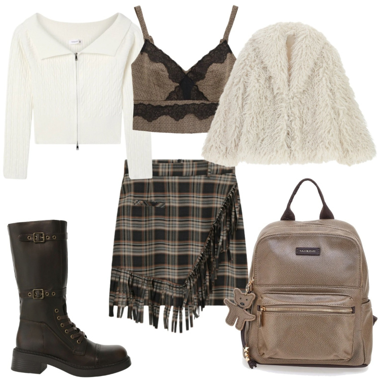 Outfit donna - Total look. Stile Casual per Serata fuori. Abbinamento con maglieria, minigonne, stivali, ecopellicce, top, zaini.