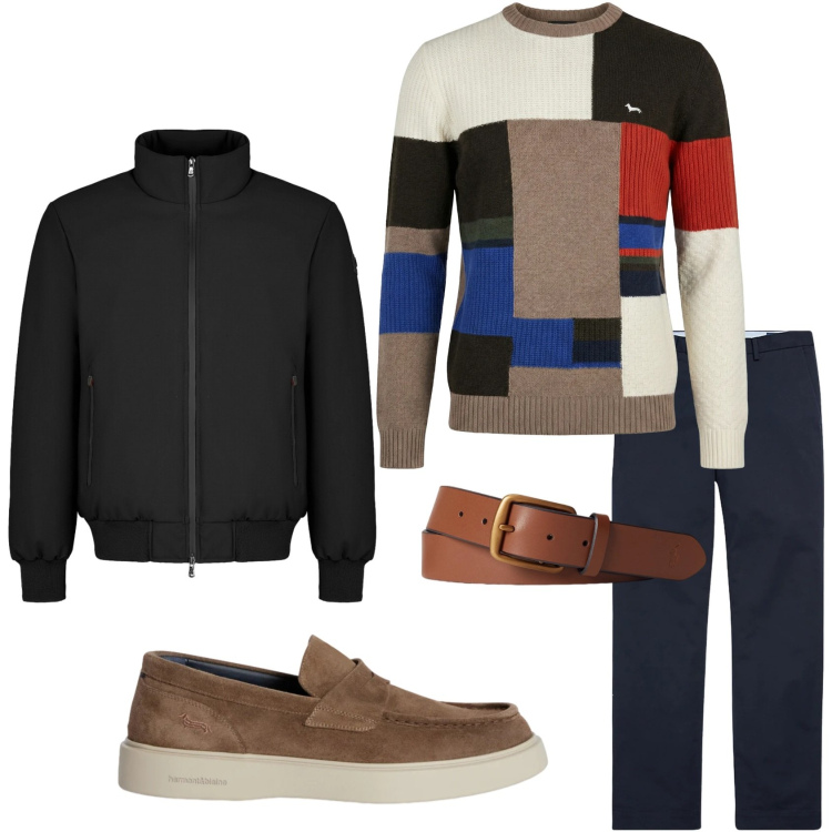 Outfit uomo - Colori a contrasto. Stile Trendy per Tutti i giorni. Abbinamento con scarpe stringate, pullovers, giacche, pantaloni chino, cinture.