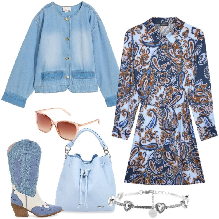 Outfit donna - Total look #2353738. Stile Casual chic per Tutti i giorni. Abbinamento con occhiali da sole, blazer, vestiti chemisier, braccialetti, stivaletti texani, borse a secchiello.