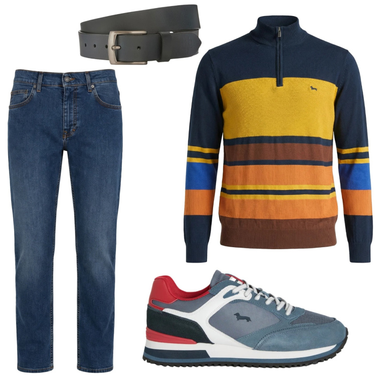 Outfit uomo - Colori vivaci. Stile Trendy per Tutti i giorni. Abbinamento con sneakers, jeans, pullovers, cinture.