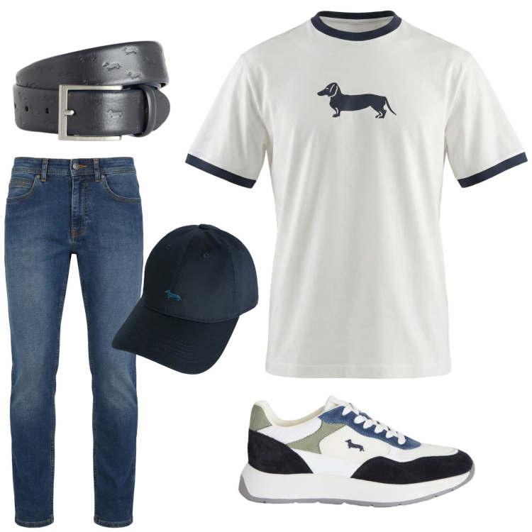 Outfit uomo - Sportivo, elegante, essenziale. Stile Trendy per Tutti i giorni. Abbinamento con sneakers, cinture, cappelli, t-shirt, jeans.