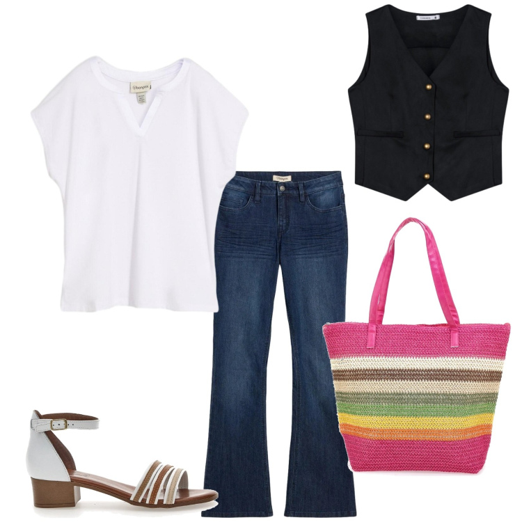 Outfit donna - Total look #2353748. Stile Urban per Tutti i giorni. Abbinamento con bluse, jeans a zampa, gilet, sandali col tacco, shopping bag.