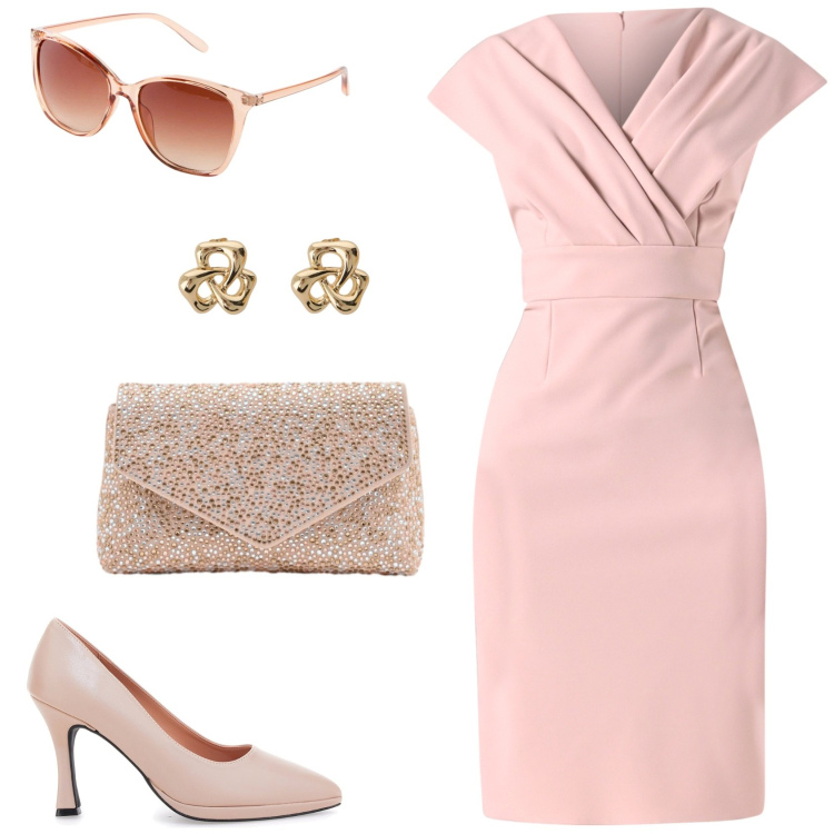 Outfit donna - Glamour rosa tenue. Stile Glamour per Cerimonia. Abbinamento con occhiali da sole, orecchini, pochette, vestiti a tubino, décolleté.