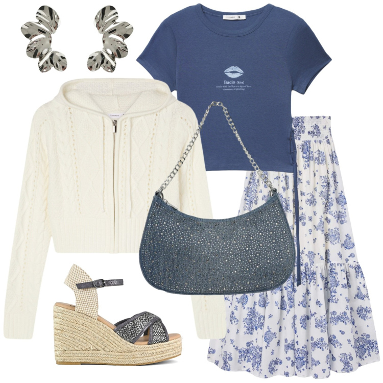 Outfit donna - Primavera in azzurro. Stile Trendy per Mare. Abbinamento con gonne lunghe, cardigans, borse a tracolla, t-shirt, orecchini, zeppe.