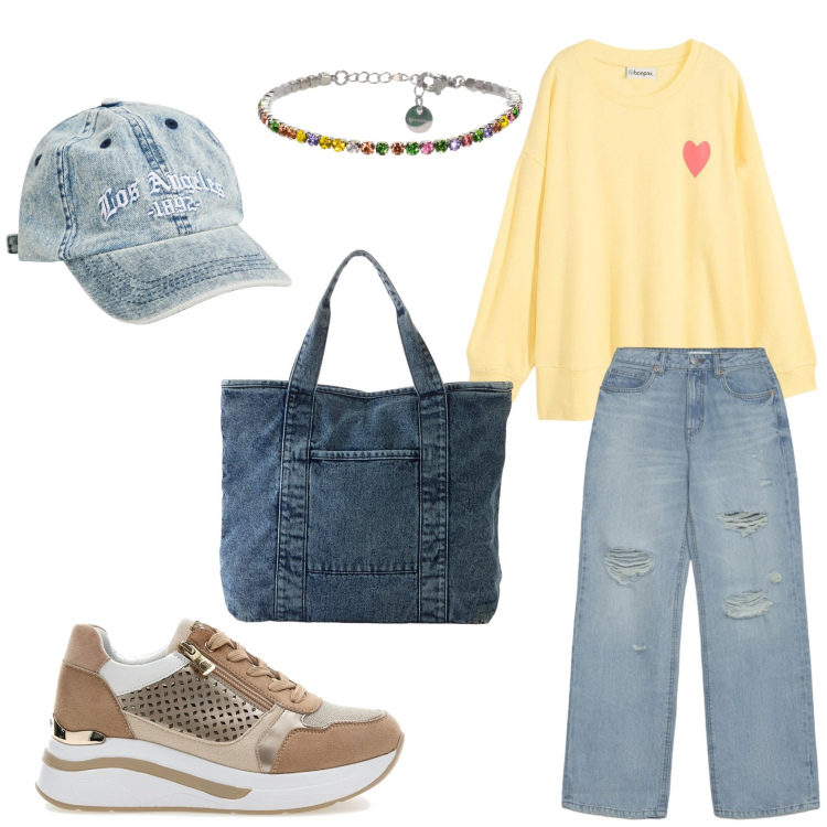 Outfit donna - Giallo di primavera. Stile Urban per Tutti i giorni. Abbinamento con felpe, shopping bag, jeans strappati, cappelli con visiera, braccialetti, sneakers alte.