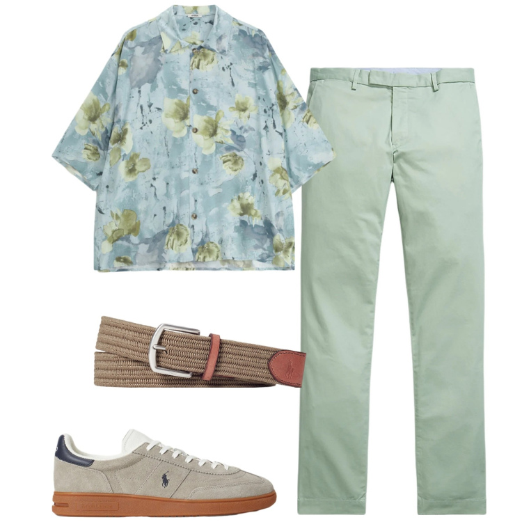 Outfit uomo - Sage. Stile Trendy per Tutti i giorni. Abbinamento con camicie a manica corta, cinture, pantaloni, sneakers.